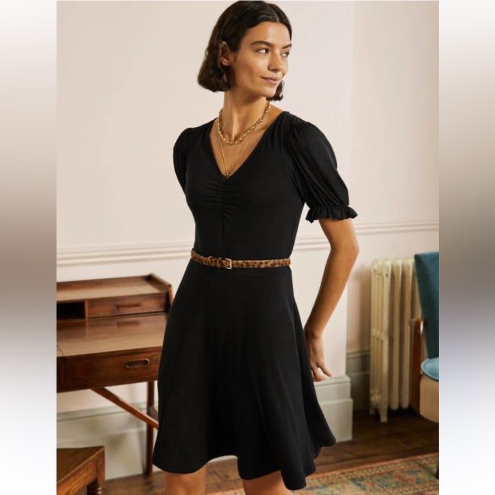 Boden V-Neck Black Classic Comfy Jersey Dress, Puff Sleeves, w/Pockets